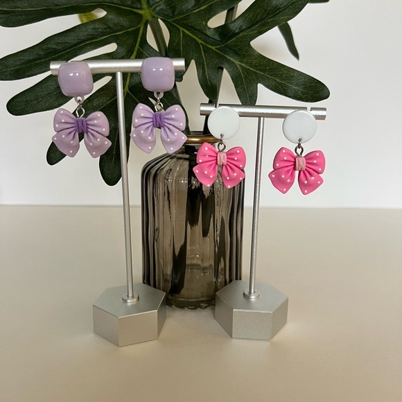 Cute Lolita Pink & Purple Bow Dangle Earrings Set - Polka-dot Bow Earrings - Picture 3 of 17